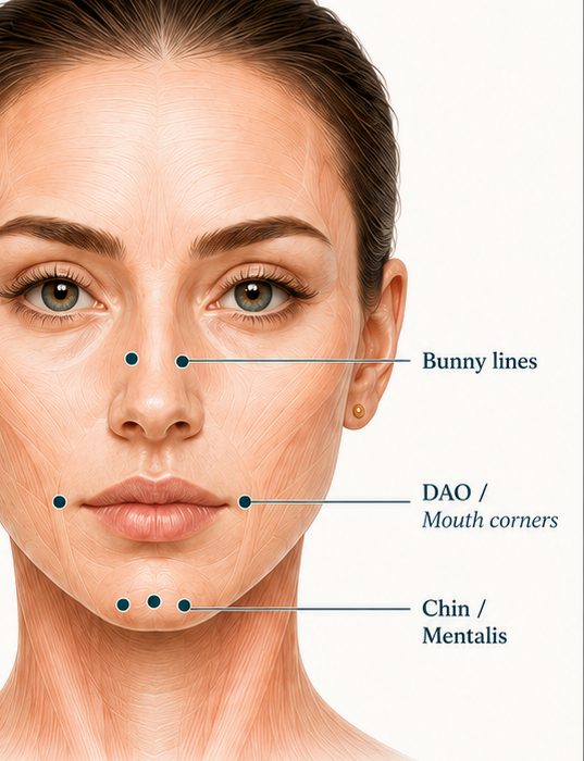 Injection points for bunny lines, mouth corners and chin