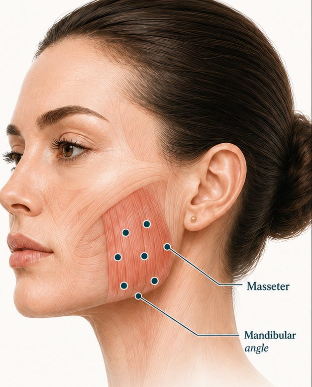 Injection points on the masseter muscle and mandibular angle