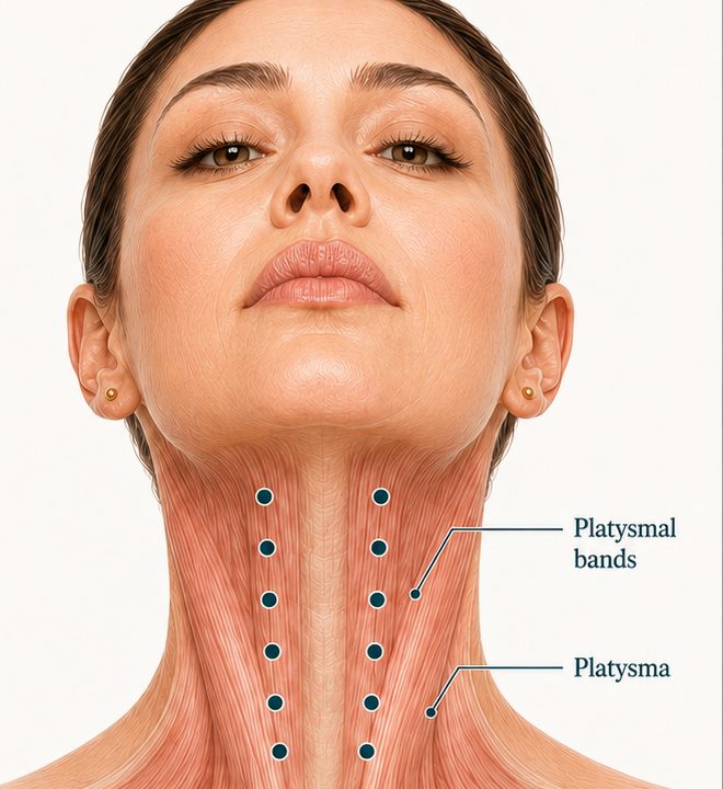 Injection points on the vertical bands of the neck