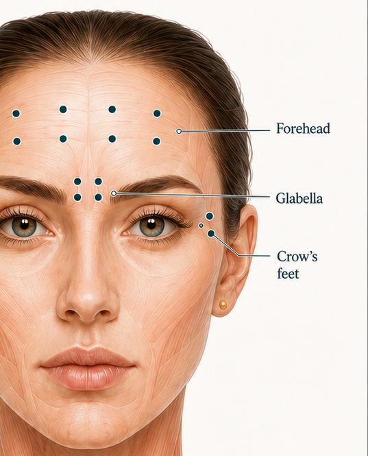 Injection points for forehead, glabella and crow's feet
