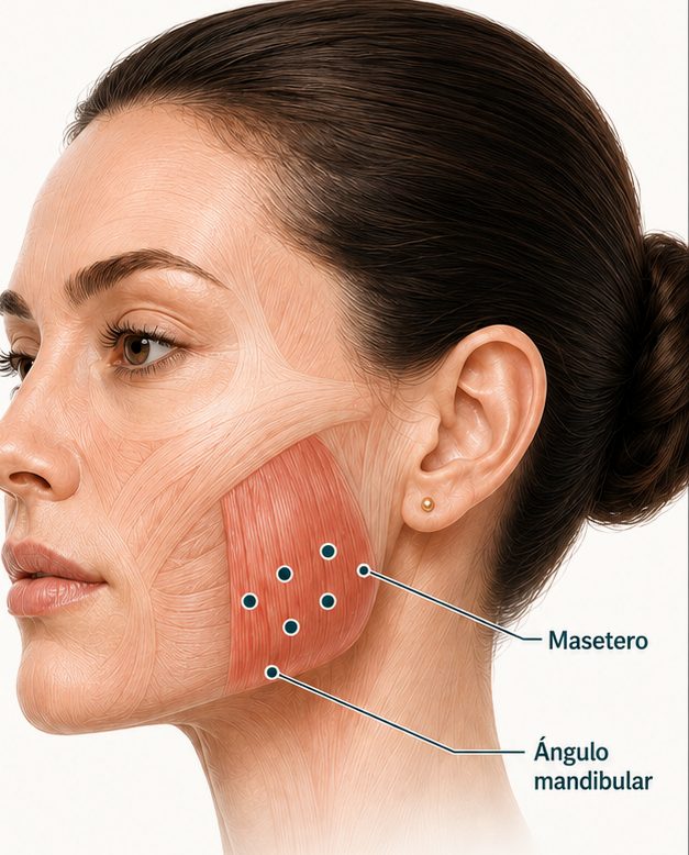 Puntos de aplicación en el músculo masetero y el ángulo mandibular