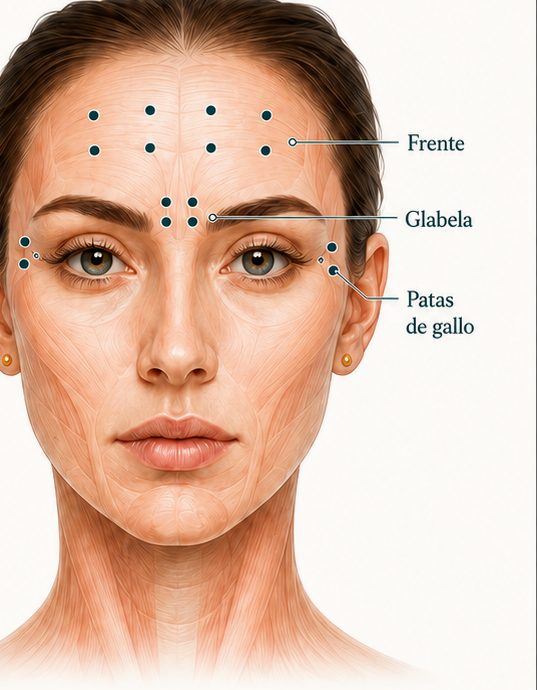 Puntos de aplicación de toxina botulínica en frente, glabela y patas de gallo